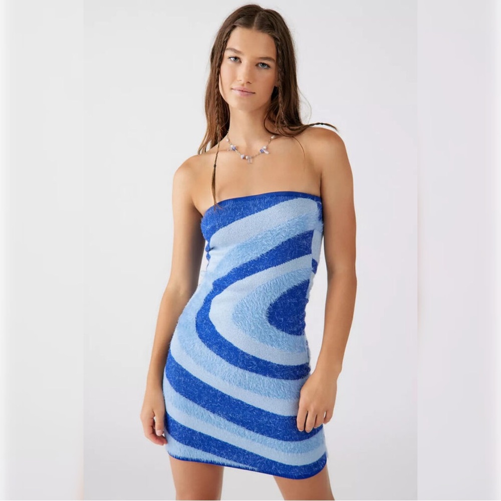 House of Sunny Blue and Light Blue Striped Strapless knit Dress
